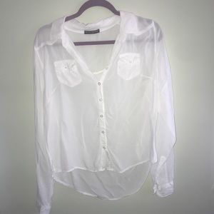 Sheer Button Down Long Sleeve Blouse in White